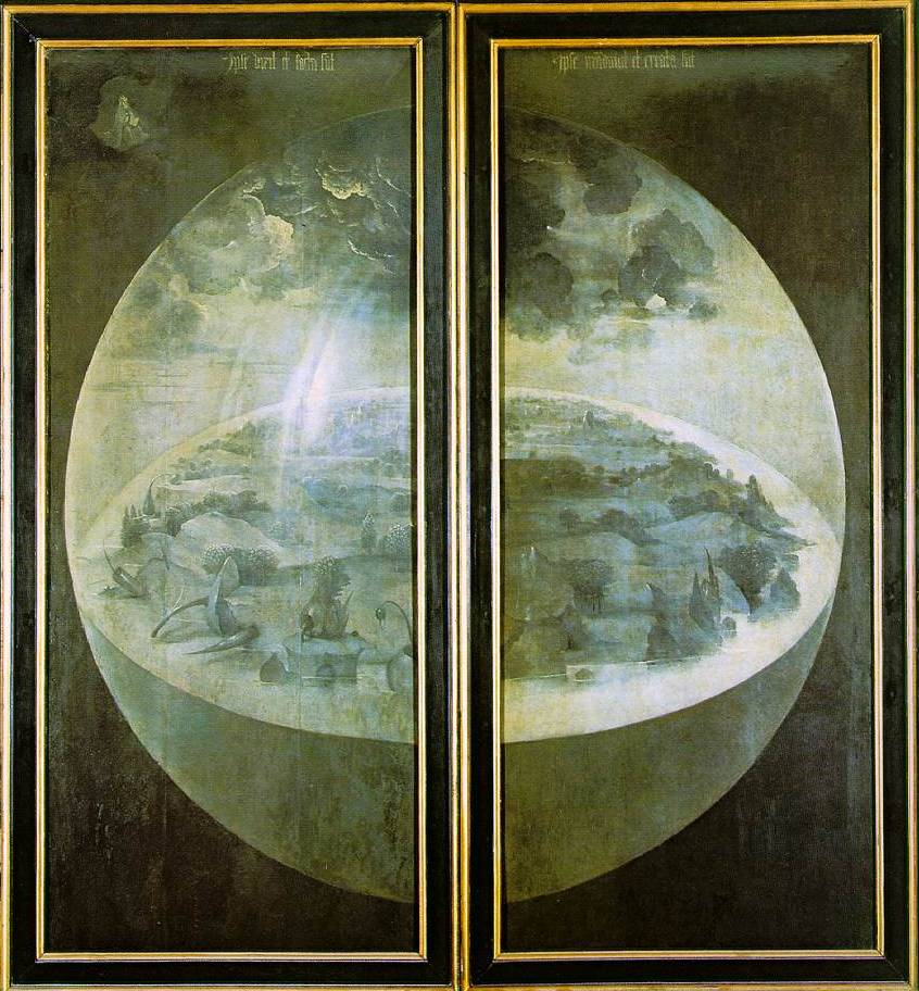 Descripción: https://upload.wikimedia.org/wikipedia/commons/e/ea/Hieronymus_Bosch_-_The_Garden_of_Earthly_Delights_-_The_exterior_%28shutters%29.jpg